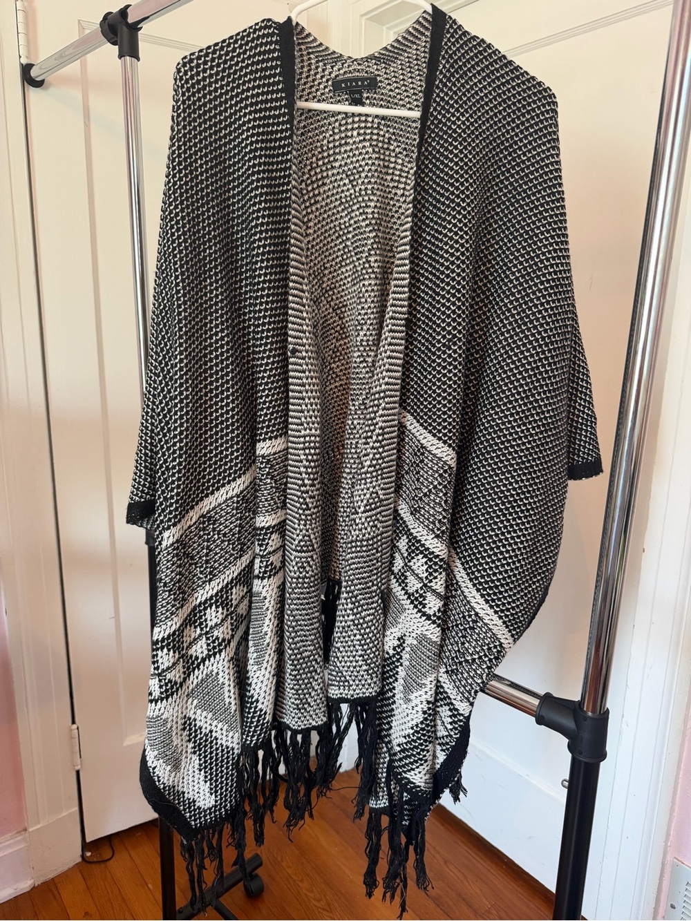 Kiara Black & White Fringe Knit Poncho Cape